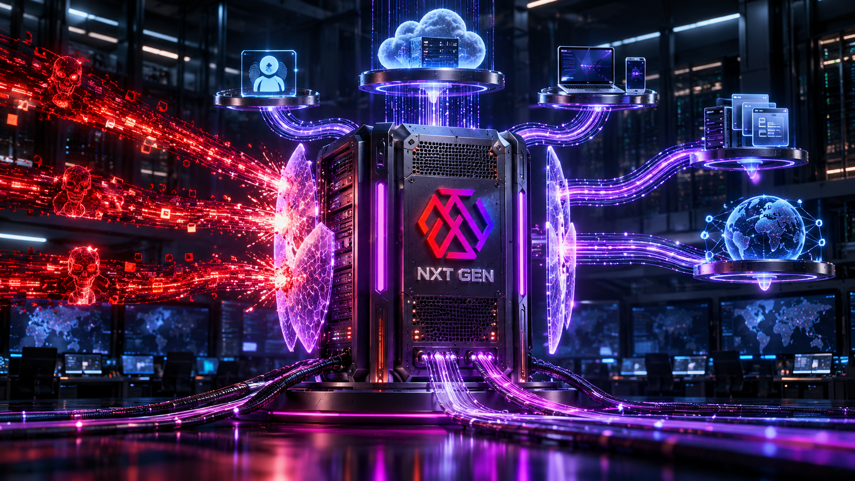 NXT-branded central security server correlating cloud, identity, endpoint, application, and network signals while blocking red attack paths.