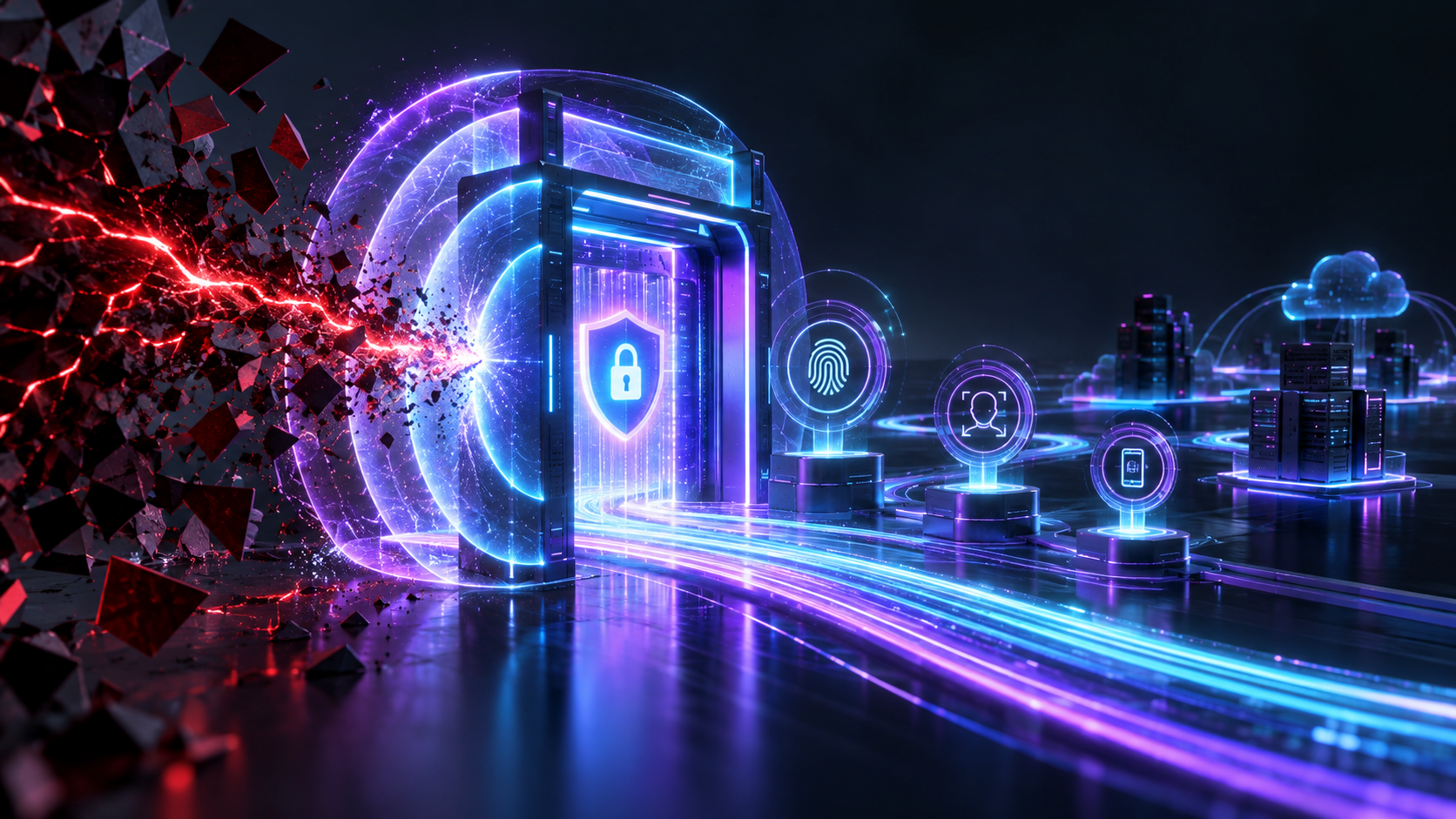 Neon security gateway deflecting a red attack while protected identity and cloud systems remain connected behind it.
