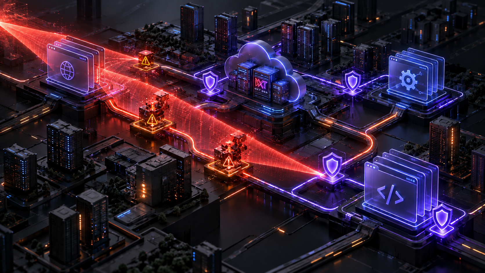Neon enterprise security network with the NXT logo embedded into the central protected server rack.