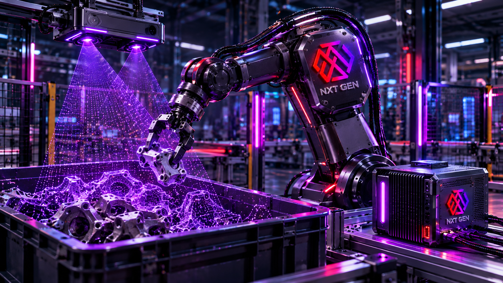 NXT-branded industrial robot selecting a metal part from a bin beneath stereo-camera point-cloud graphics, with a compact controller beside the cell.