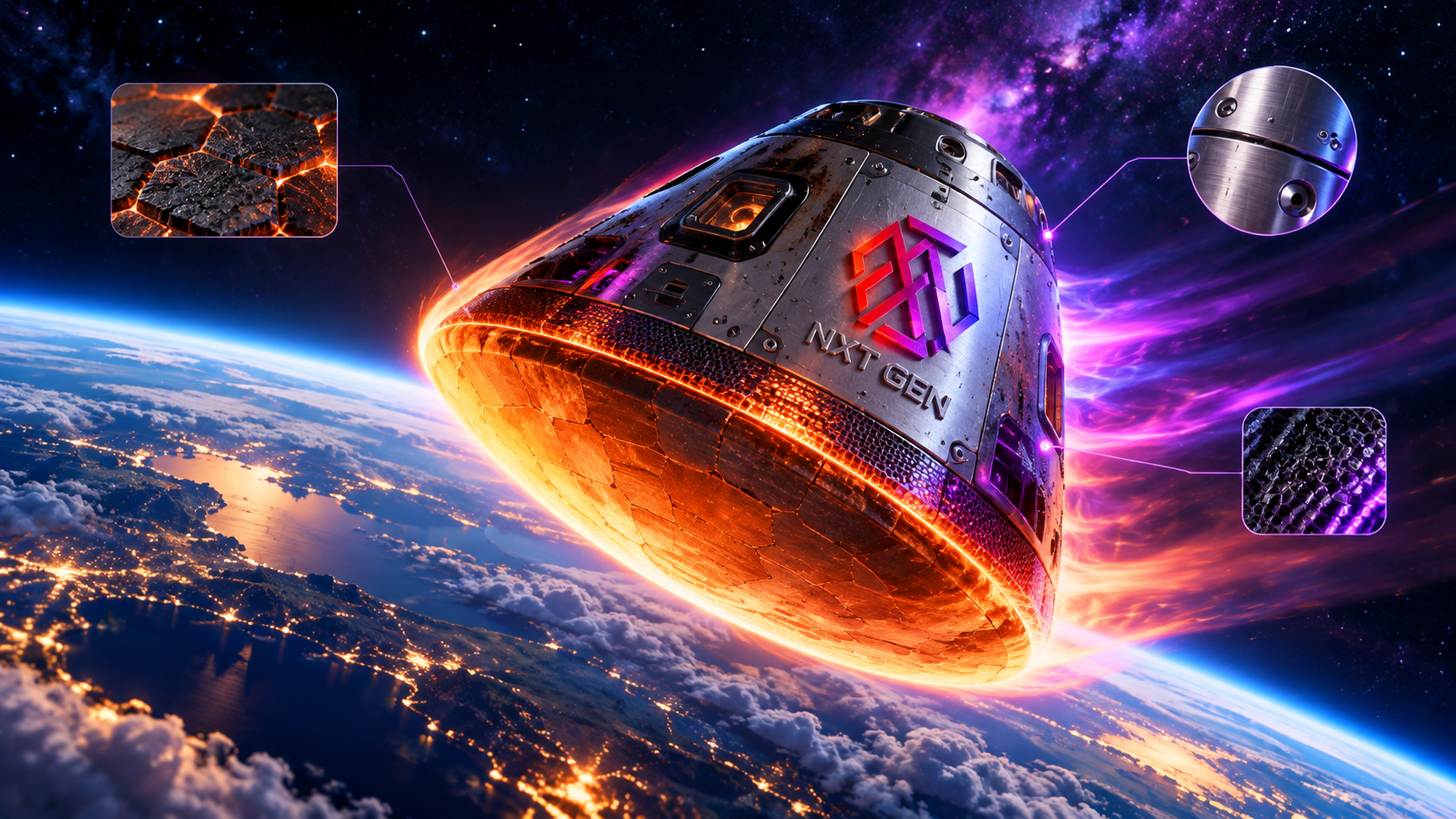Generic NXT-branded experimental capsule with a glowing heat shield entering Earth’s atmosphere, accompanied by conceptual material-detail views.