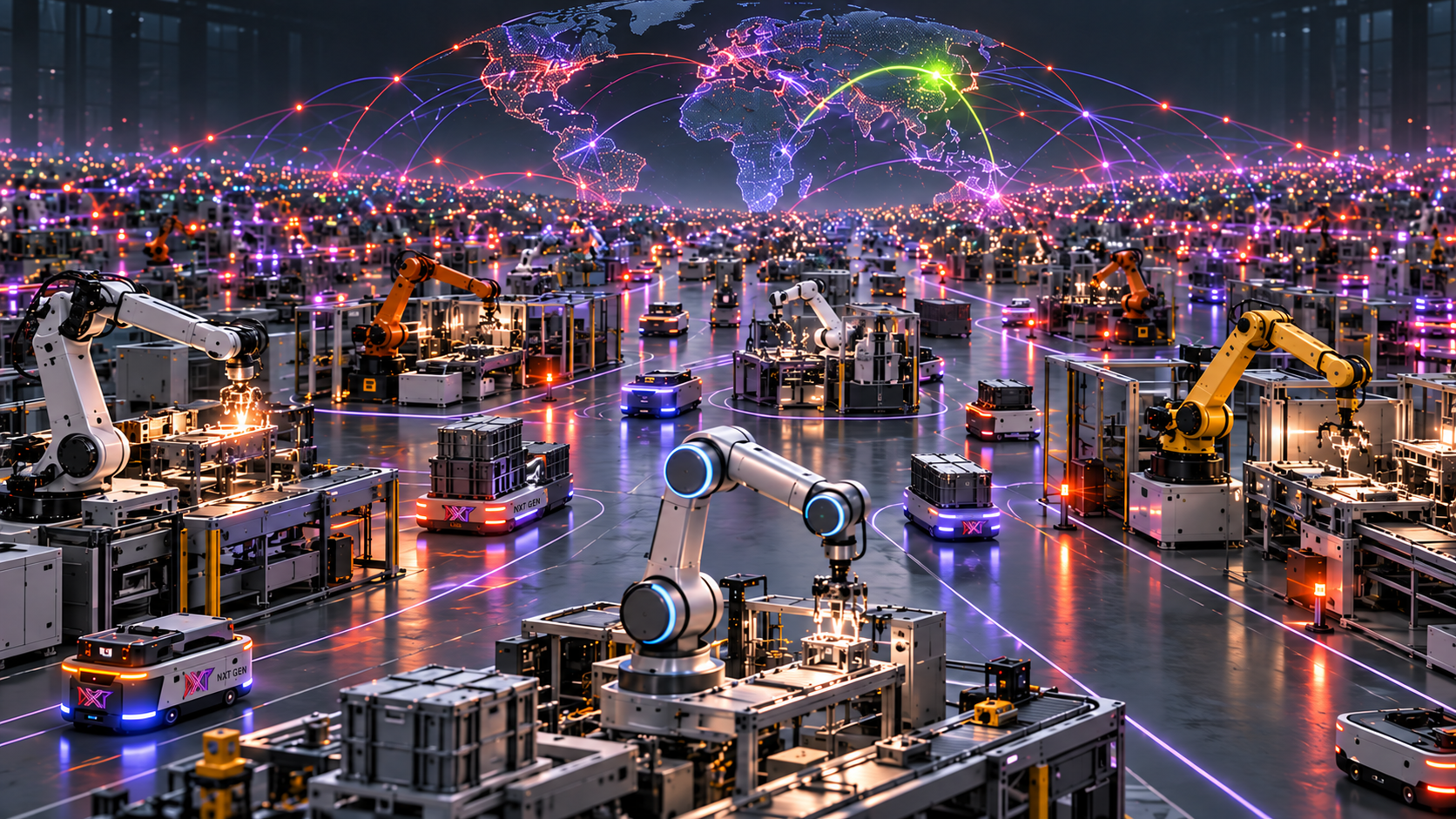 Global smart factory with NXT-branded autonomous mobile vehicles operating among connected robotic work cells.