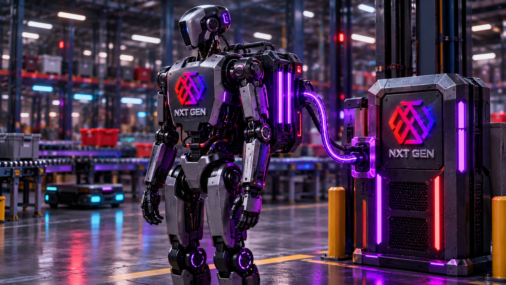 Generic humanoid robot with the approved NXT emblem and NXT GEN branding on its chest standing at a neon-lit charging dock in a warehouse.