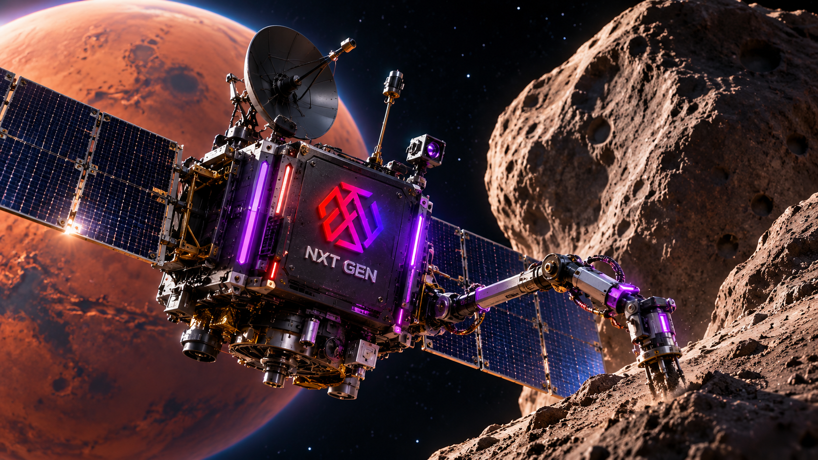 Conceptual NXT-branded scientific spacecraft using a sampling arm near a cratered Martian moon, with rust-orange Mars behind its solar panels.