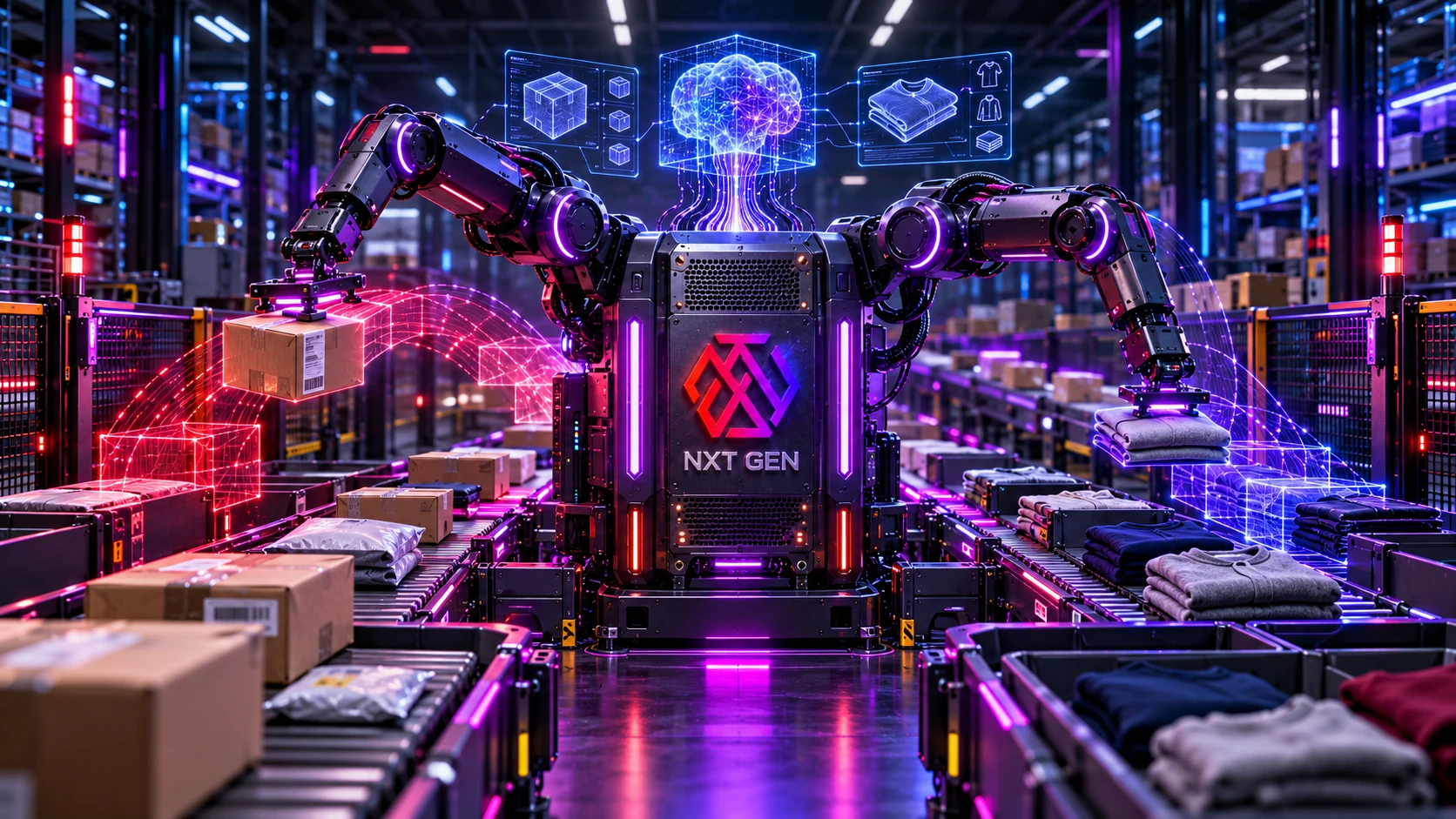 NXT GEN branded dual-arm industrial robot sorting boxes and folded clothing on conveyors in a neon-lit fulfillment center.