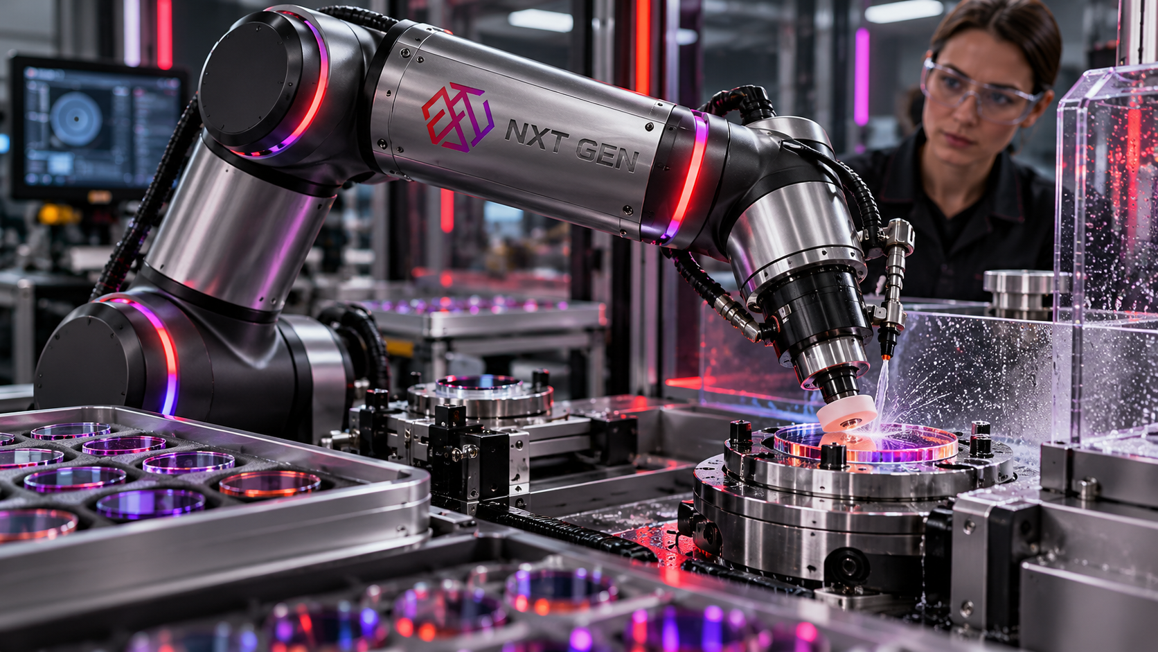 NXT-branded collaborative robot precisely finishing a circular optical filter in a clean manufacturing cell beside a protected technician.