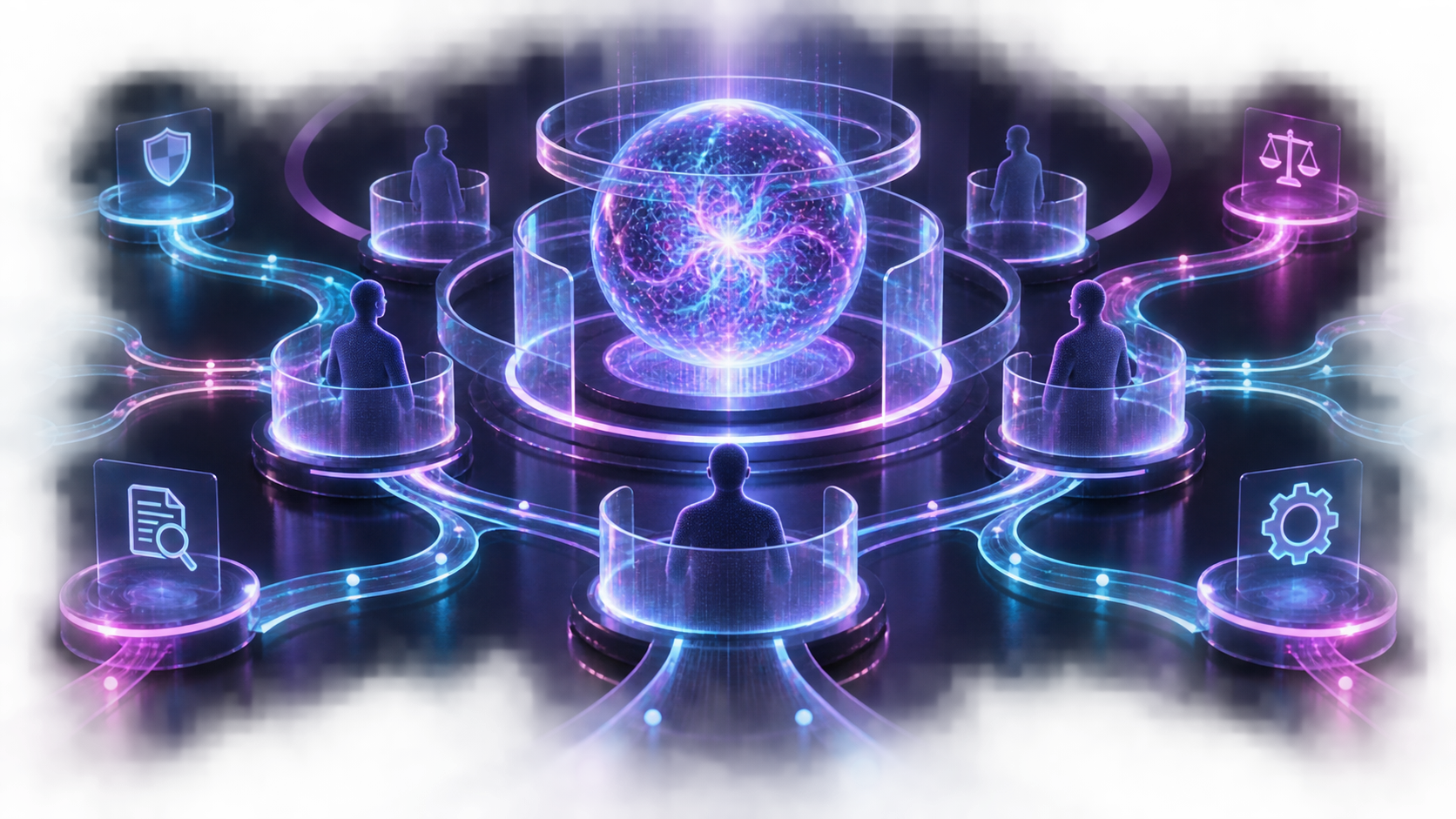 Abstract neon AI core surrounded by transparent human oversight stations, audit paths, and governance symbols.