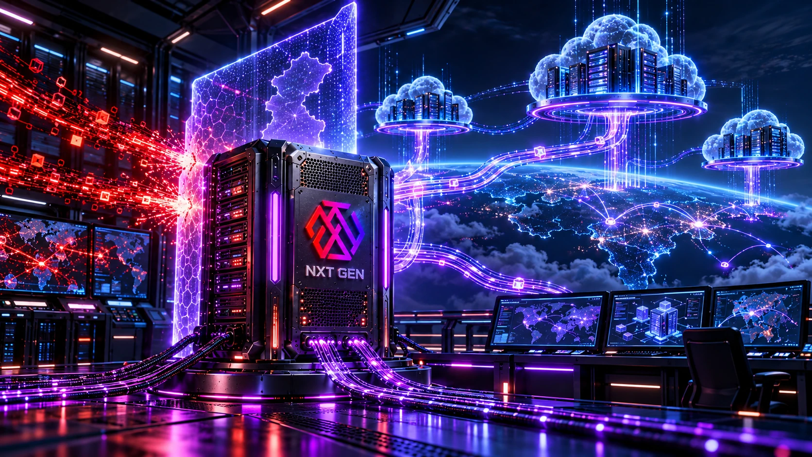NXT GEN branded sovereign-cloud server behind a glowing data boundary, linked to several cloud environments above a connected world map.