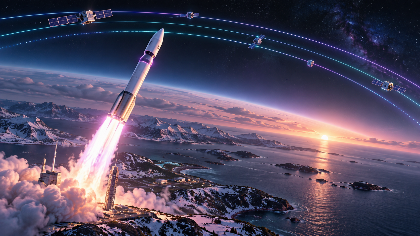 Generic small launch vehicle rising from a snowy northern coastal spaceport beneath five neon orbital paths and satellites.