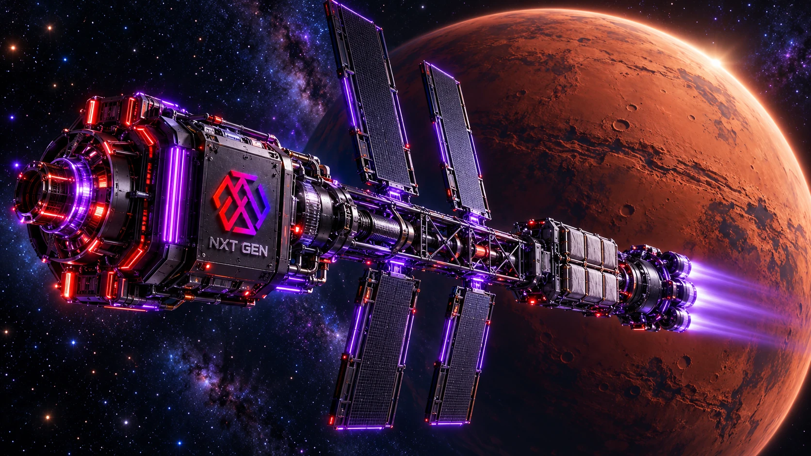 Conceptual NXT GEN branded deep-space spacecraft with a shielded power module, long boom, radiators, and violet electric propulsion near Mars.
