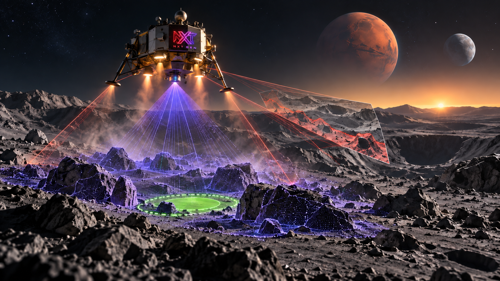 NXT-branded lunar lander using lidar and terrain-navigation beams to identify hazards and select a safe landing zone.