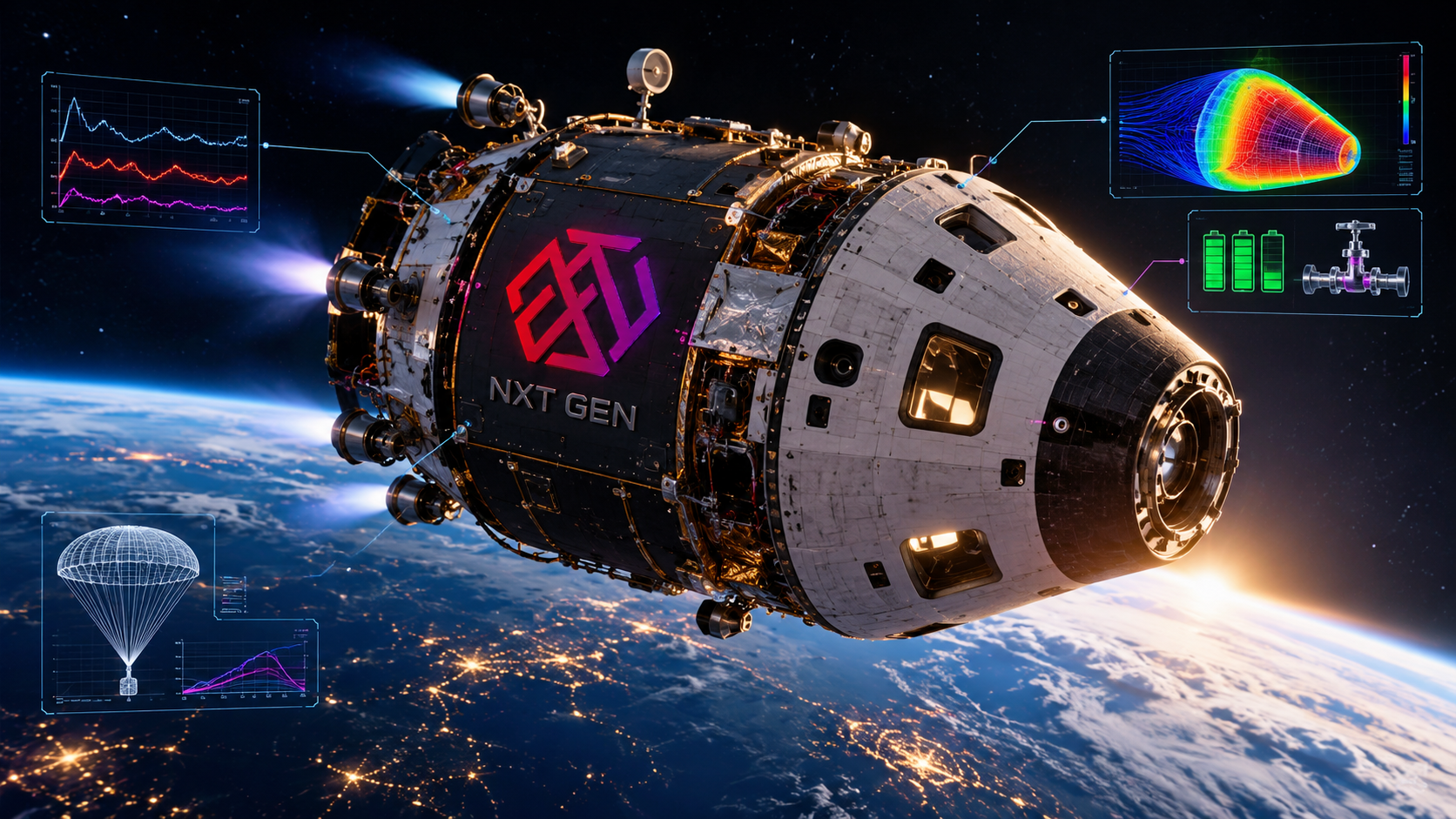 NXT-branded generic crew spacecraft in low Earth orbit surrounded by propulsion, thermal, battery, valve, and parachute validation graphics.