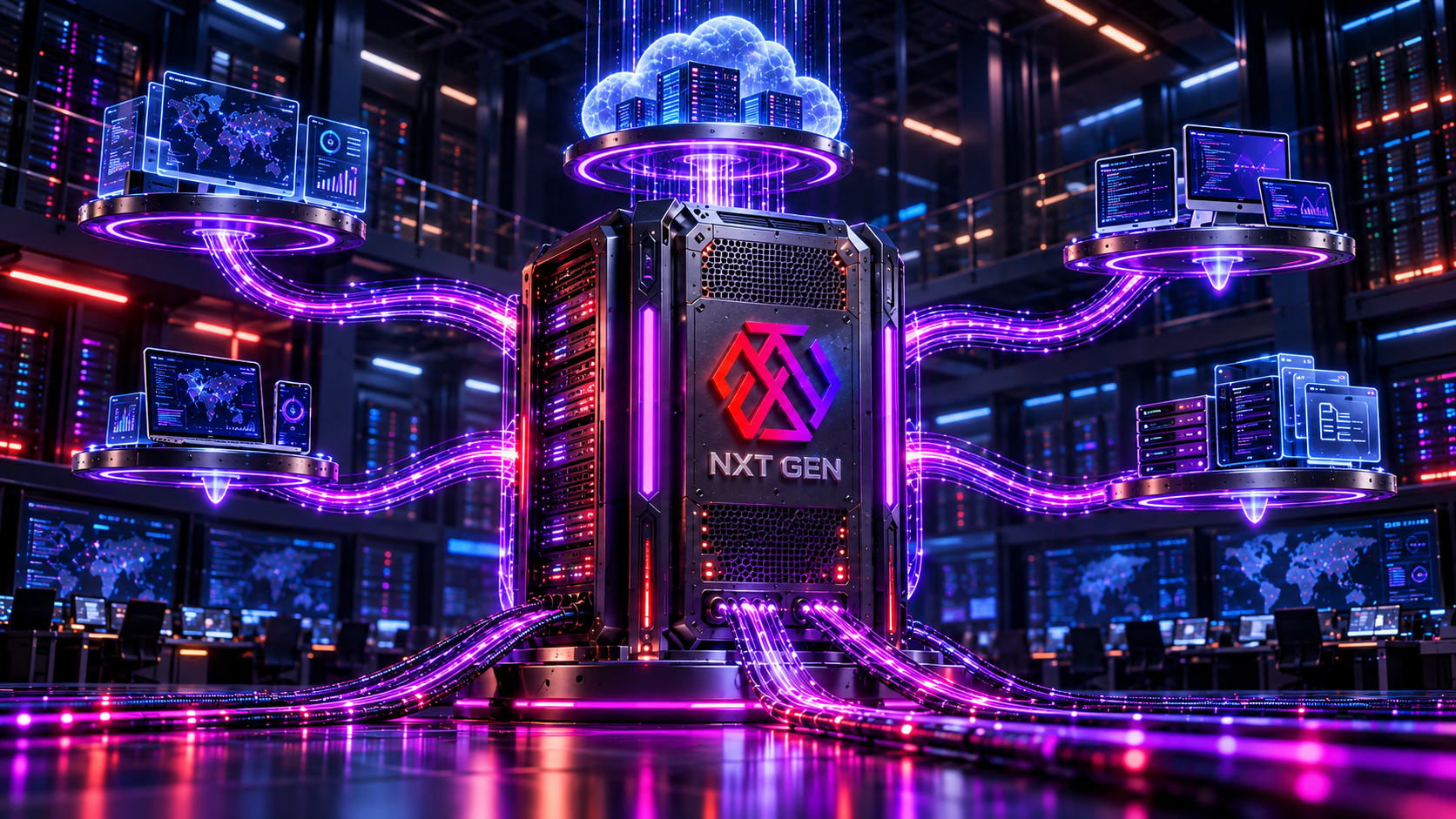 NXT-branded central server connected by violet data paths to cloud resources and endpoint consoles in a dark data center.