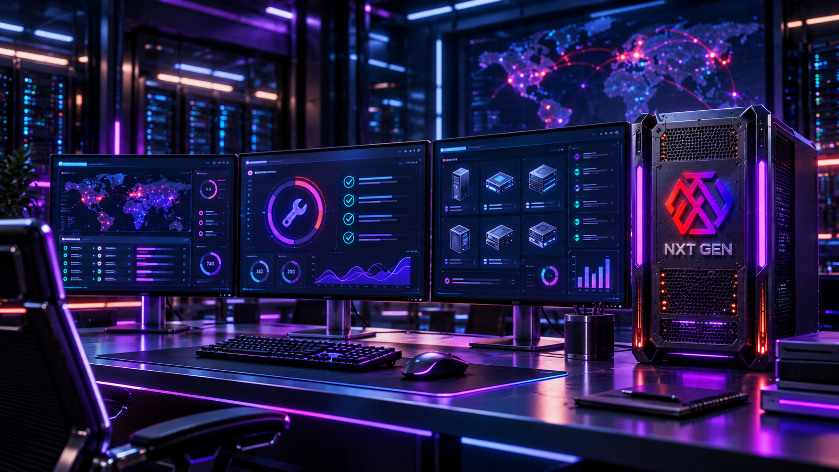 NXT-branded workstation beside three monitors showing conceptual maintenance and computer inventory dashboards in violet and cyan light.