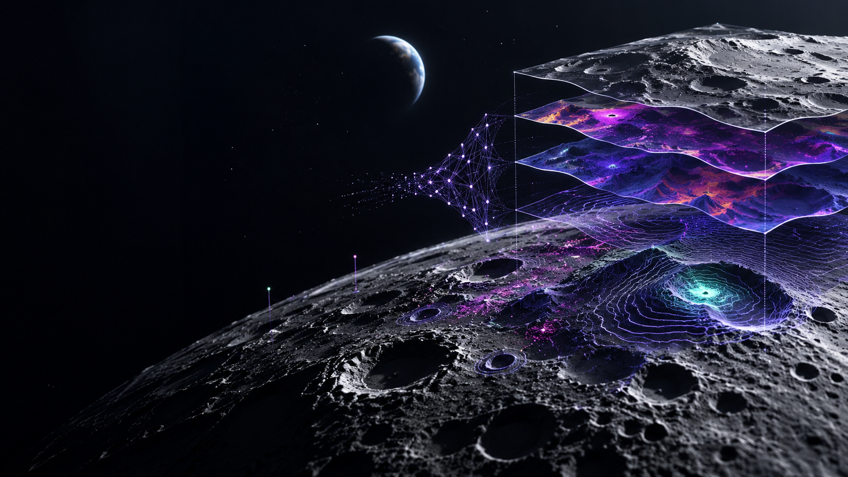 Neon data layers and neural-network lines mapping craters on the lunar surface against a dark space background.